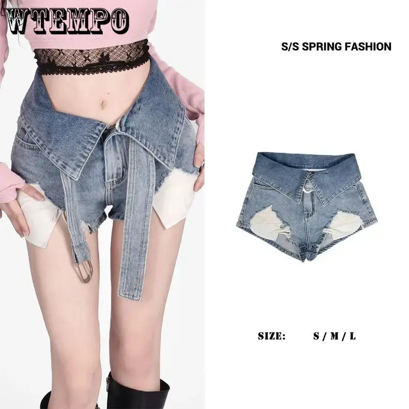

Fake Two Denim Shorts Women Hole Hollowed Out Tight Fitting Sexy Hottie High Waisted Lapel Short Street Style Punk Fashion