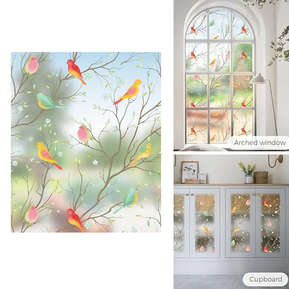 Translucent Window Film Decorative Stained Glass Window Film Bird Patterned Privacy 45*300cm Sun Blocking