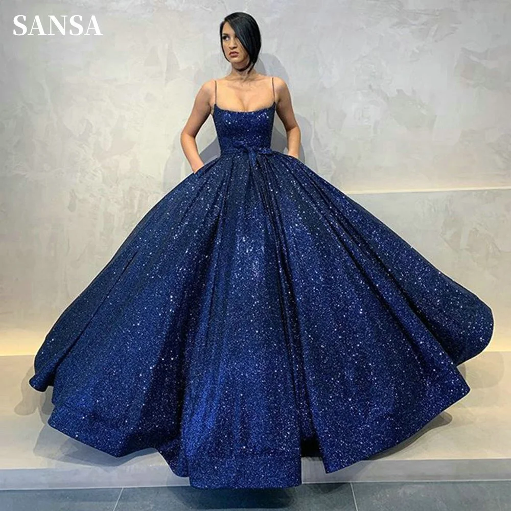 

Sansa Sapphire Blue Prom Dress With Pocket Shiny Puffy Ball Gown Vestidos De Noche Luxury Spaghetti Strap فساتين سهره فاخره