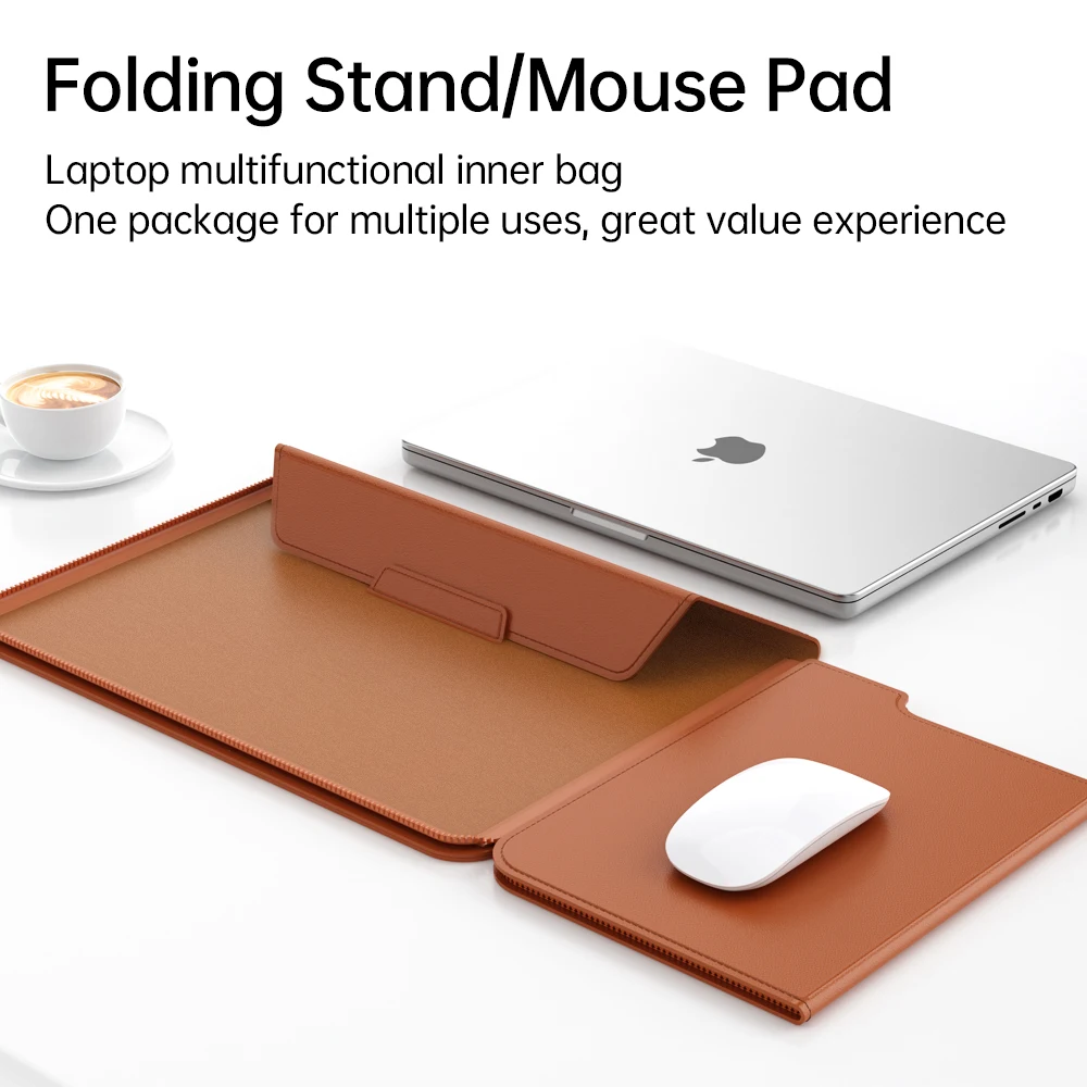 Premium PU Leather Laptop Sleeve Case with Built-In Stand