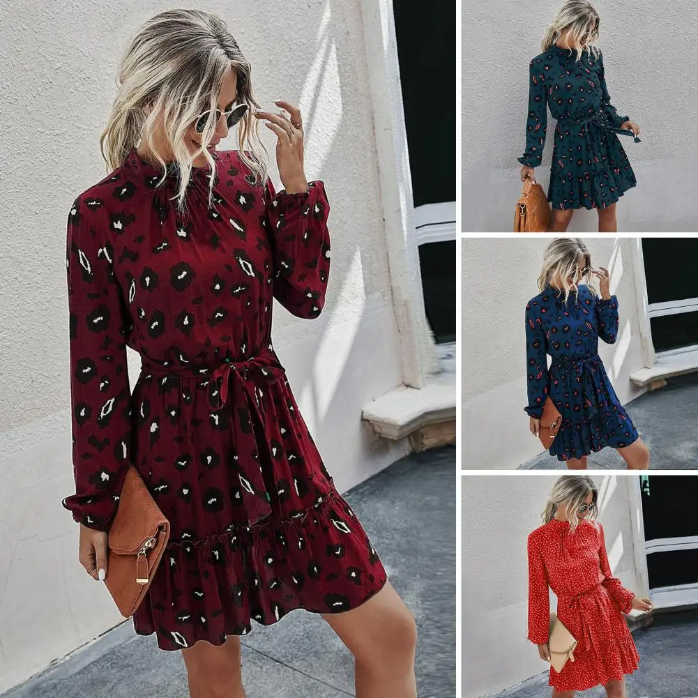 

Women Big Hem Dress Elegant A-line Fall Dress Lace Up Stand Collar Big Hem for Women's Party Tight Waist Long Sleeve Design
