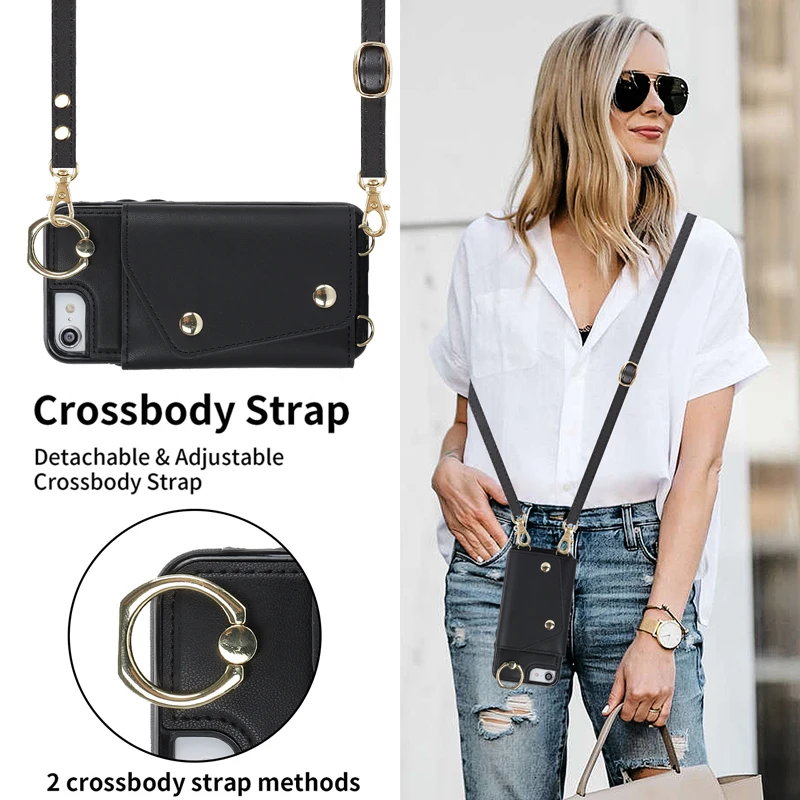 ELVEV Soft PU Leather Zipper Wallet Phone Case with Card Holder, Shockproof Durable Shell and Strap