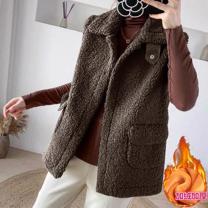 

2021 Winter Imitation Lamb Wool And Plush Thickened Women's Vest Korean Version Versatile Girls' Vest For Casual Warmth Coffe