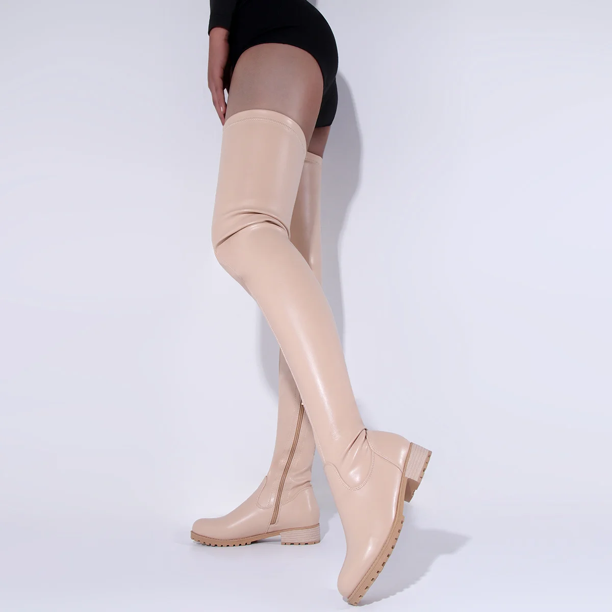 Free Shipping 2023 Low Heel Winter Thigh High Boots Women Pu Leather Big Size 34-46 Stretch Over The Knee Boots Shoes