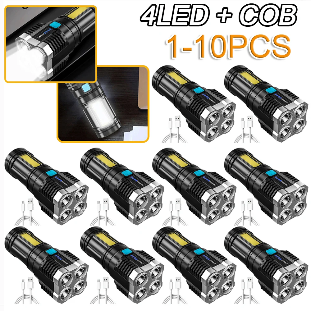 

4LED+COB Portable Flashlight Cob Side Light Lightweight Outdoor Lighting USB Rechargeable Camping Torch Searchlight For Camping