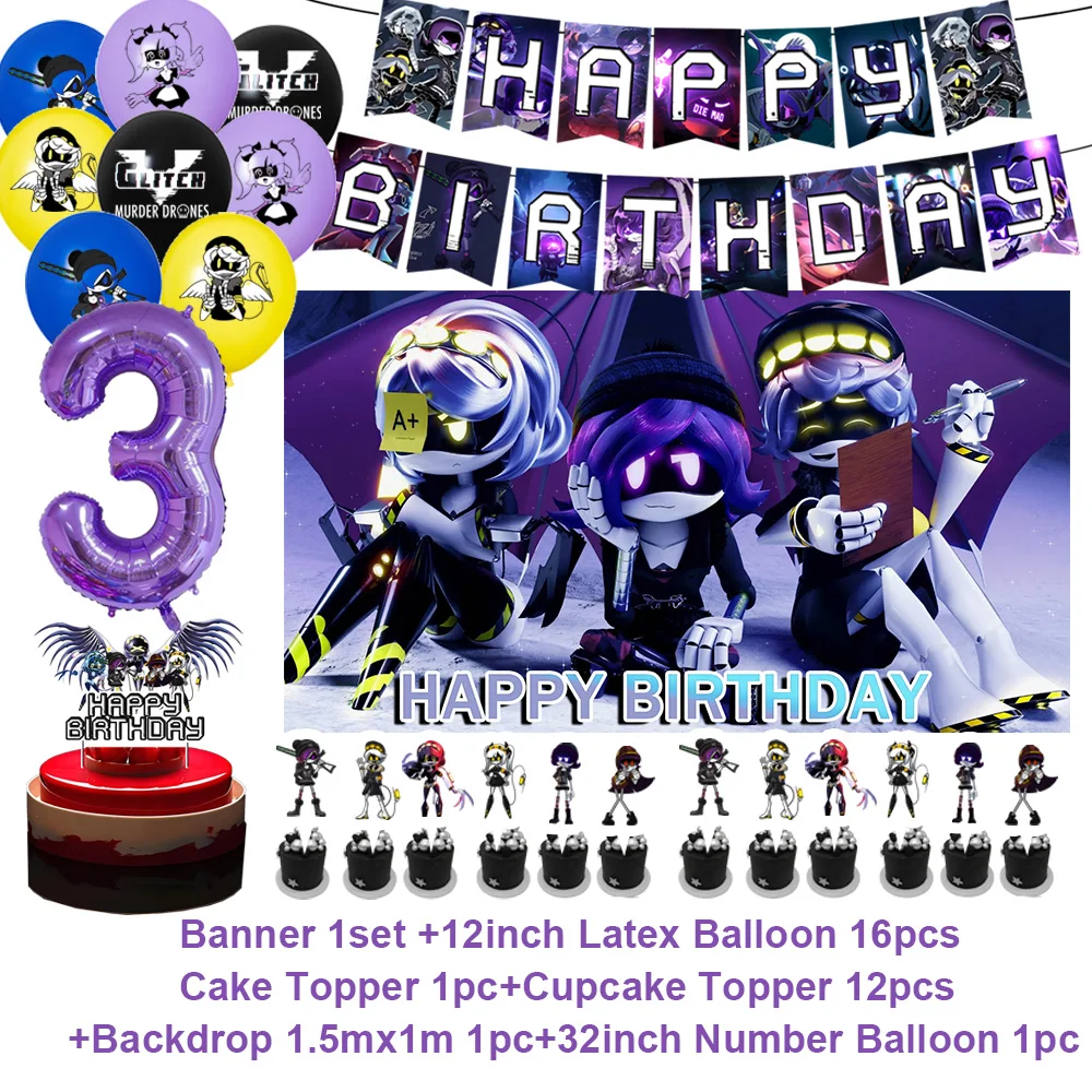 Murdered Drones Themed Birthday Party Decoration Set - Background, Balloons, Banner & Cake Topper