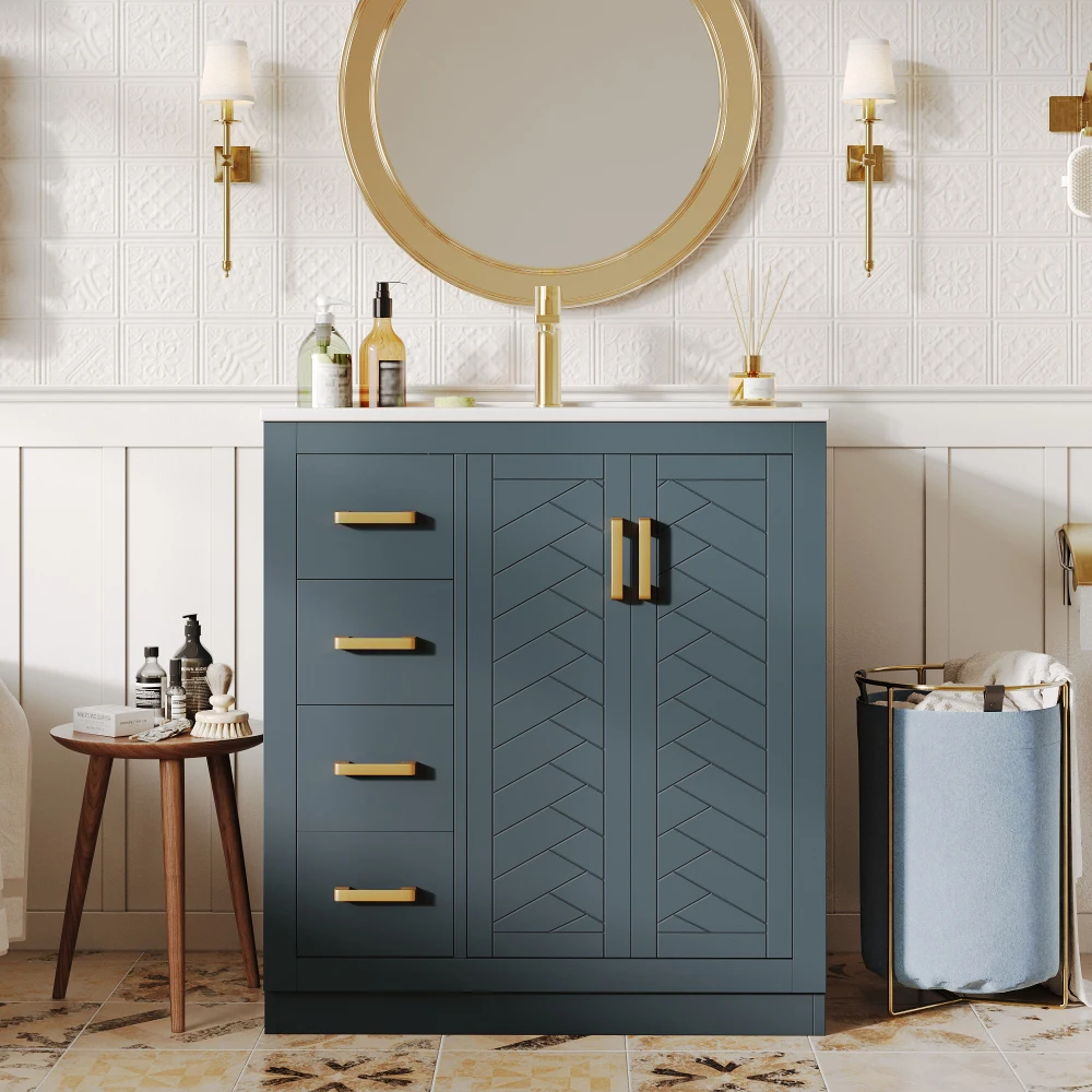Moderner Freistehender Waschbeckenunterschrank mit Waschbecken & 2 Schubladen, Badezimmerschrank mit Viel Stauraum, Hochwertiger Badezimmerschrank – Detail 15