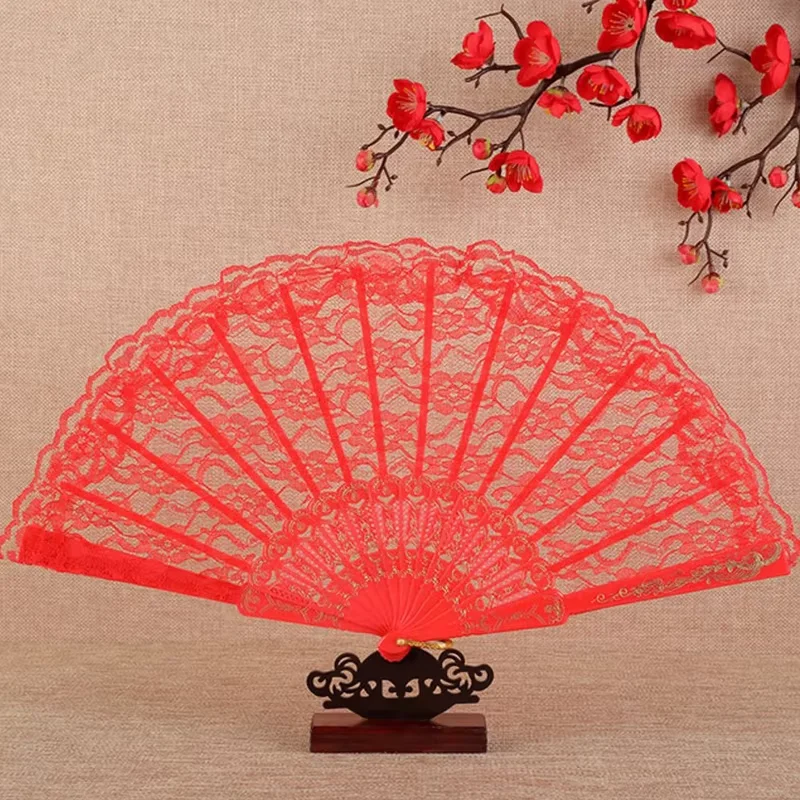 Folding Fan Decorative Hand Fan Chic Female Handheld Red Fan Vintage Style Lace Folding Chinese Japanese Pattern Art Craft Gift Decor