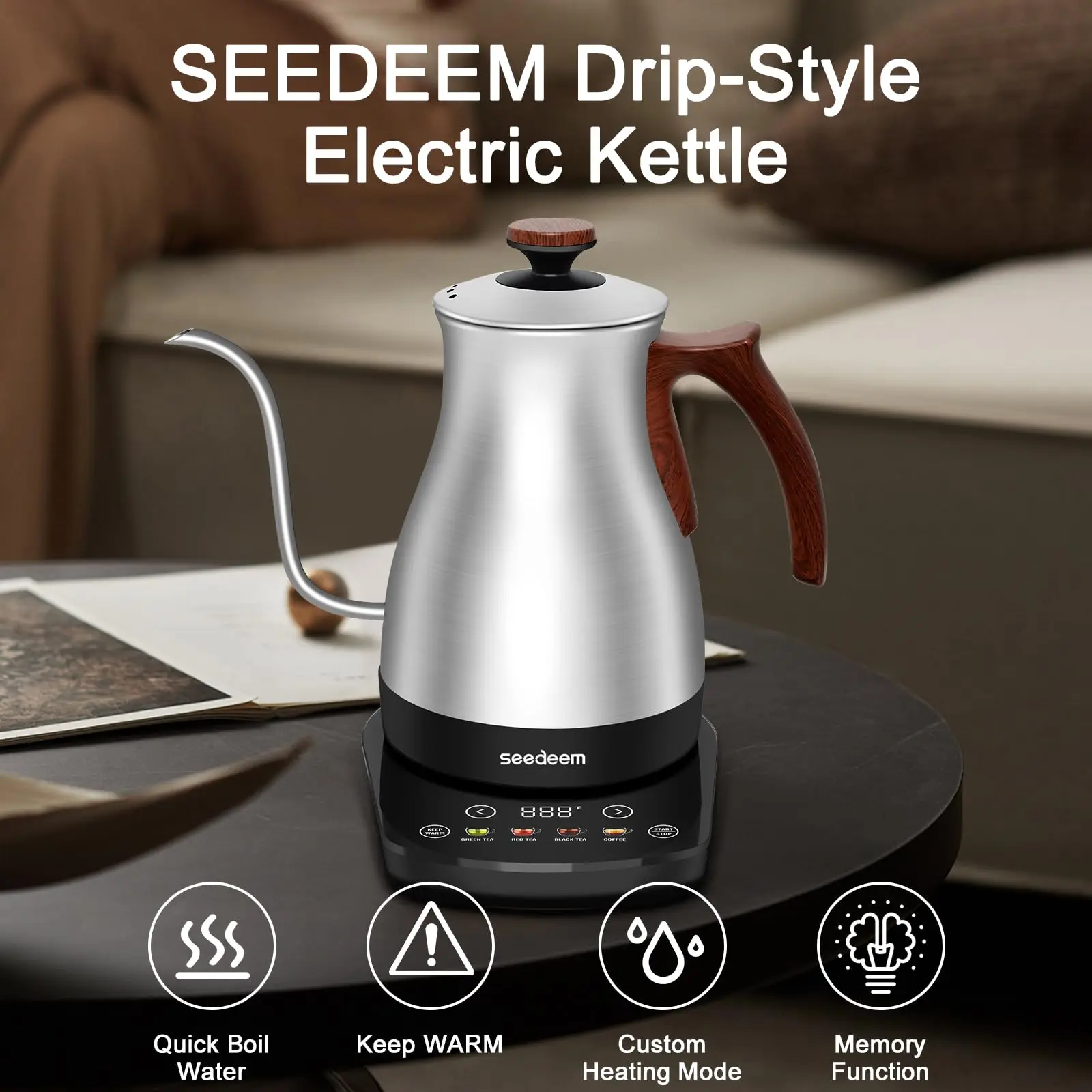 Gooseneck Electric Kettle 1200W Electric Tea & Coffee Kettle with Four Heating Modes Rapid Heating,±1℉ Temperature Control, 6