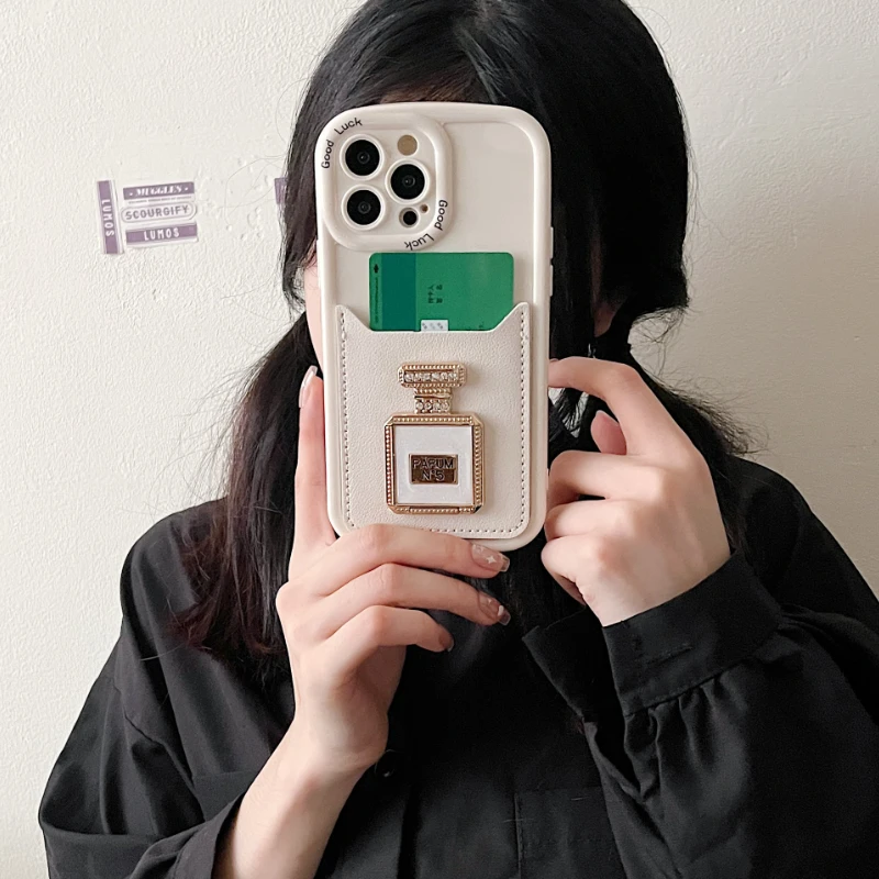 

For iphone14 Makeup Mirror Holder Mobile Phone Case 13promax Card 12pro Luxury Rhinestone Perfume Bottle 11 Xr Protection Cover
