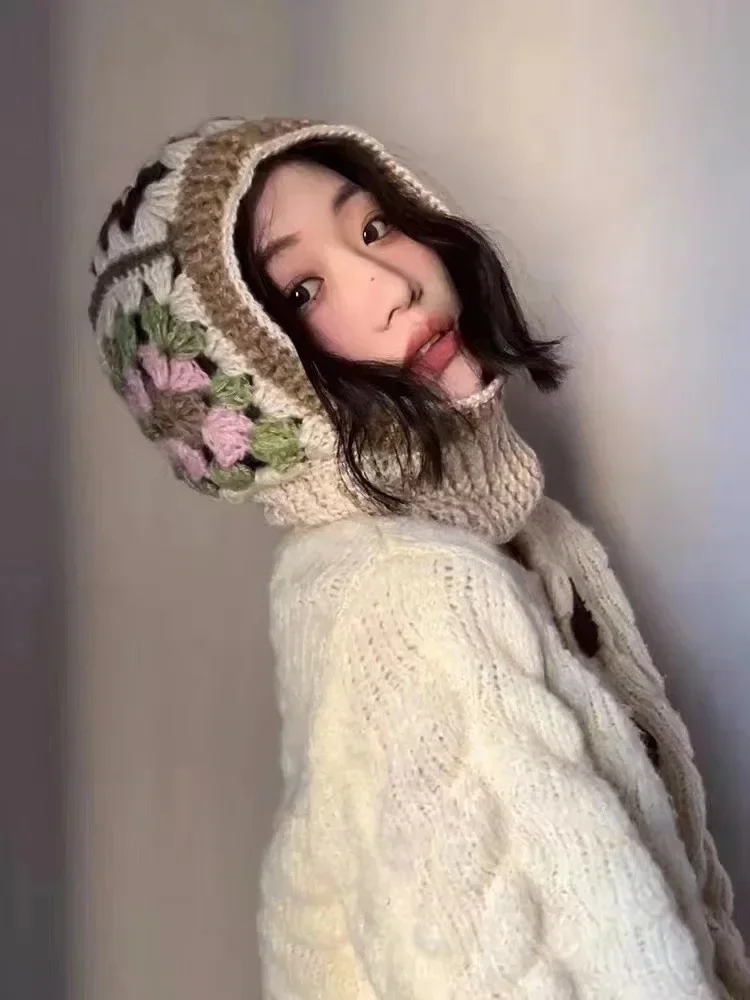 Handmade Crochet Balaclava Hats for Women Autumn and Winter Wool Knitted Pullover Beanies Cap Neck Warmer Female Hooded Caps 2