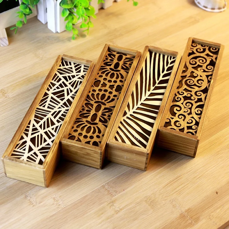 Retro Wooden Stationery Case Hollow Out Boxes Desktop Pencil Storage Organizer
