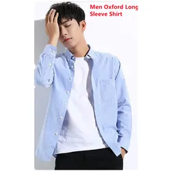 Men Oxford Long Sleeve Shirt Cotton 56%+44% Polyester Casual Slim Fit Striped Tops Men Business Shirt Pocket Multicolor M-5XL