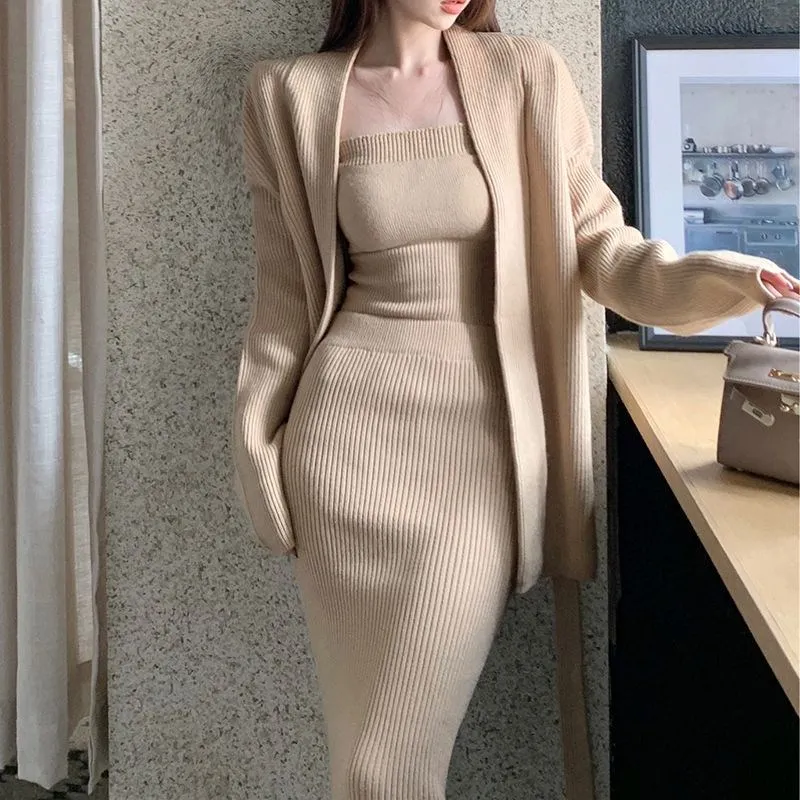 

Ladies Elegant Loose Long Sleeve Knit Cardigan And Tight Vest Slim Midi Skirt Three-piece Set Women Fashion Office Lady Outfits