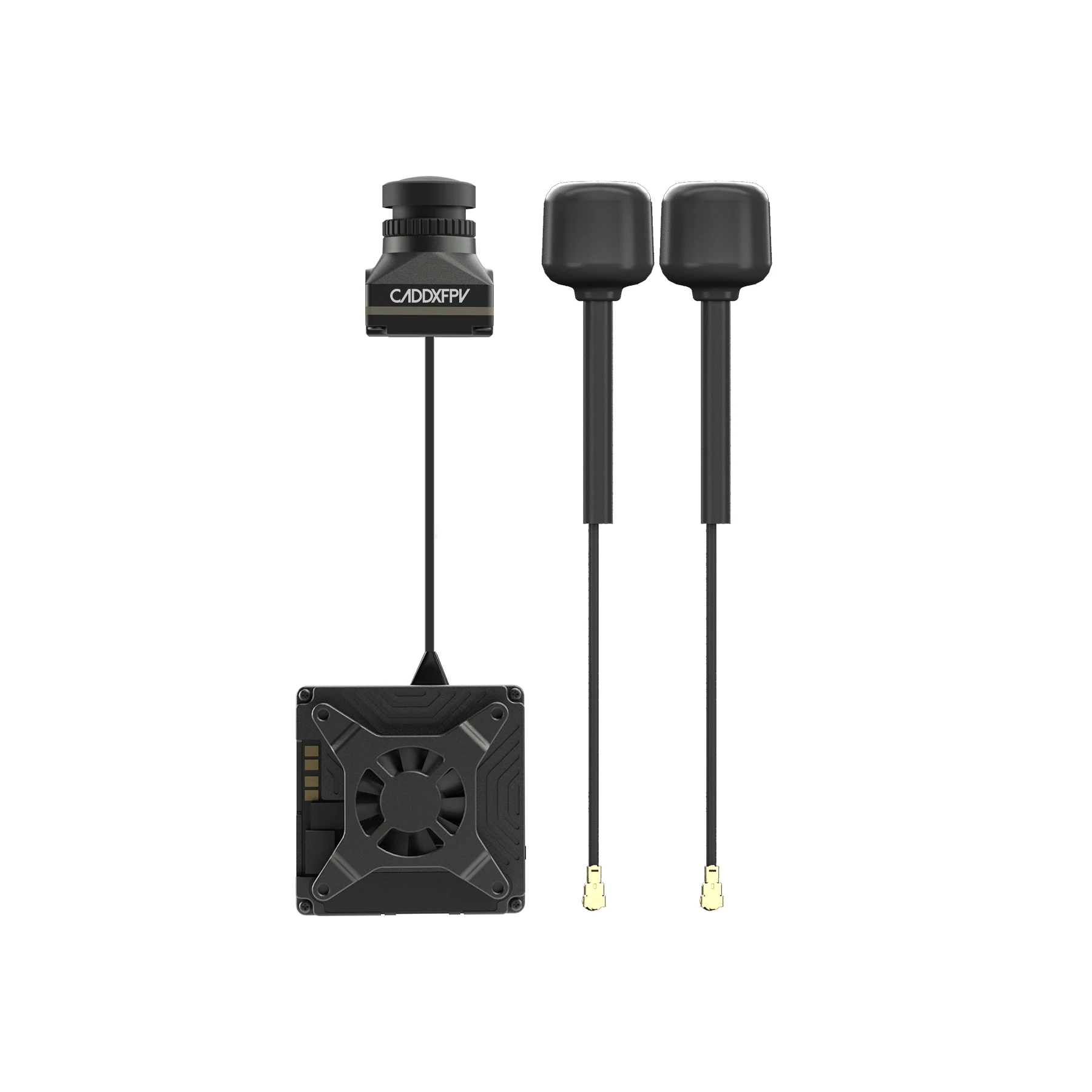 Détail des connecteurs et du bouton de liaison du Caddx Avatar GT VTX 2W pour système FPV.