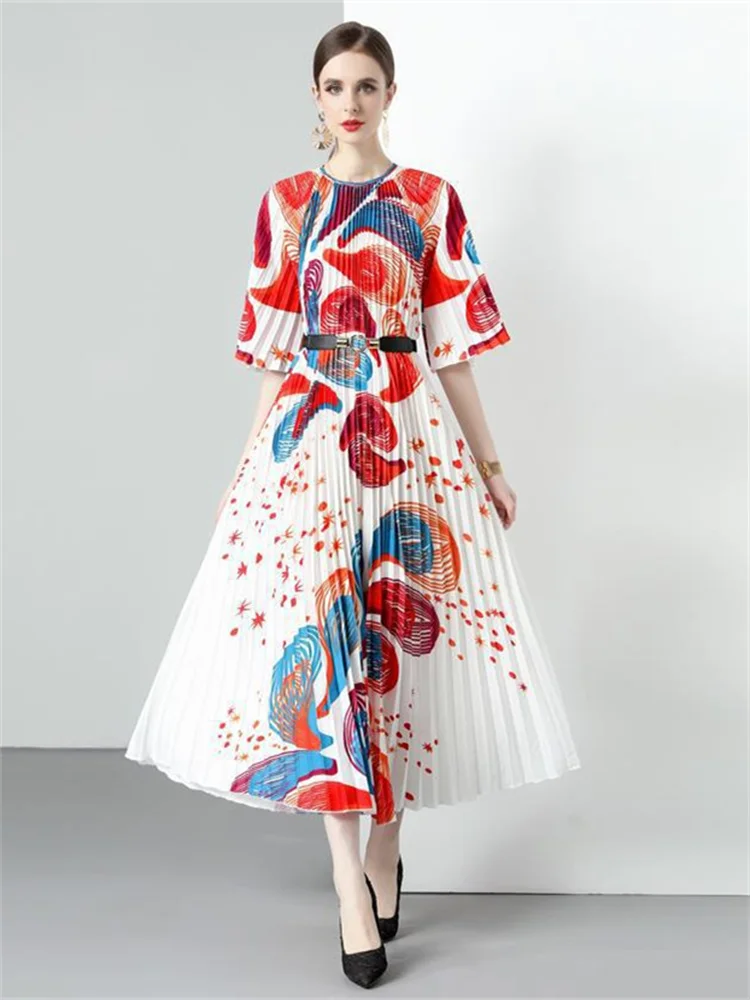 

Miyake Organ Pleated Long Dress Women 2023 Summer New Round-Neck Lace-up Belt Loose Large Size Vintage Dress Party Maxi Dresses