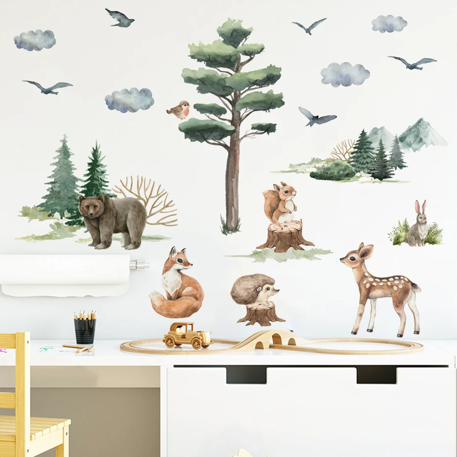 

Watercolor Cartoon Woodland Forest Animals Deer Fox Bunny Wall Stickers for Kids Room Baby Nursery Room Wall Decals Home Decor