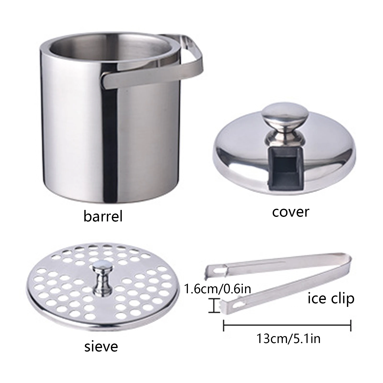 Ice bucket Stainless Steel with Lid and Ice Tongs Cooler Cube Container 1.3L Stainless Steel with Tongs