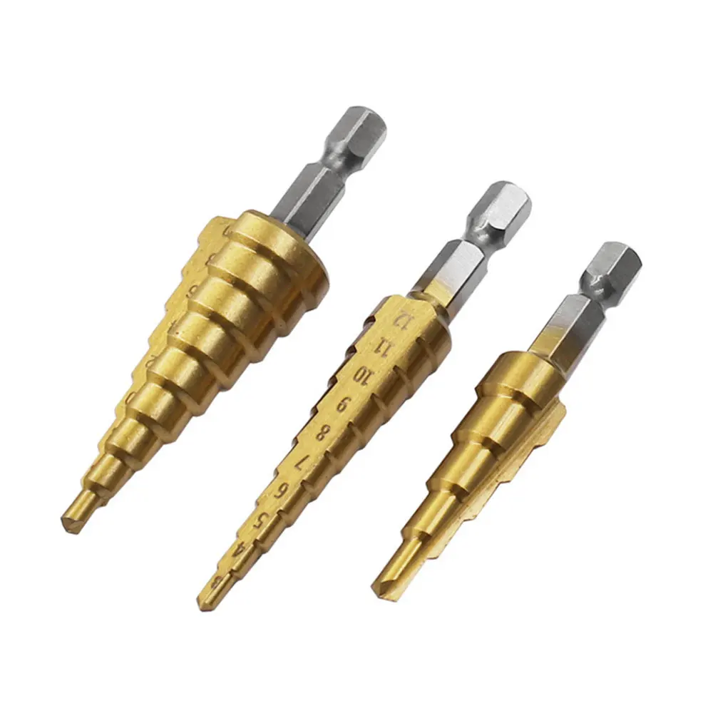 Krachtige 3Pcs Metric Step Drill Bit Set High Speed Steel Titanium Nitride Step Drill Bit 3 12 4 12 4 20 Hexagonal Shank Drill