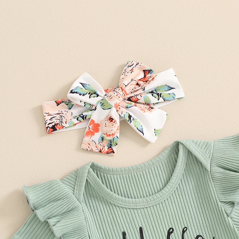 여름철  여아 의상, 레터 프린트 반팔 롬퍼, 꽃 프린트 바지, 머리띠 의류 세트