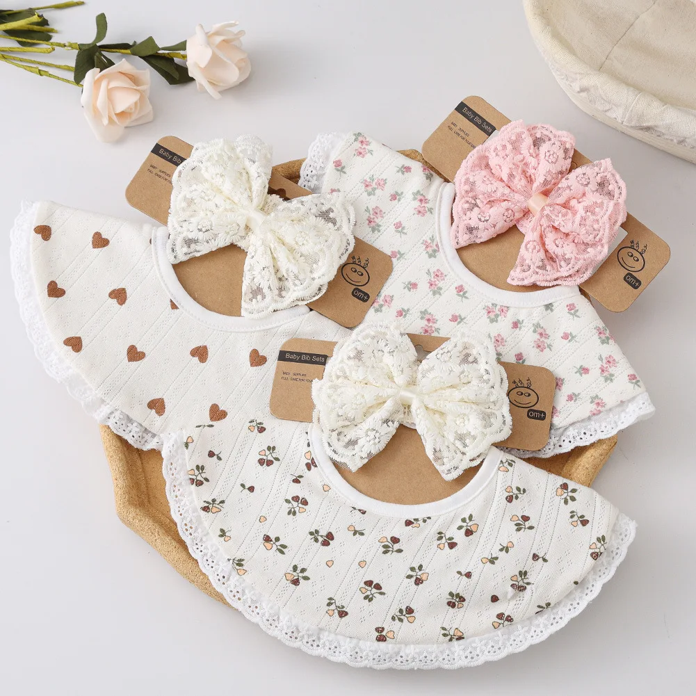 2 set di cotone neonato fazzoletto tovagliolo di cotone per bambini con bordo in pizzo nodi a farfalla fascia larga copricapo foulard bavaglino set - immagine 4