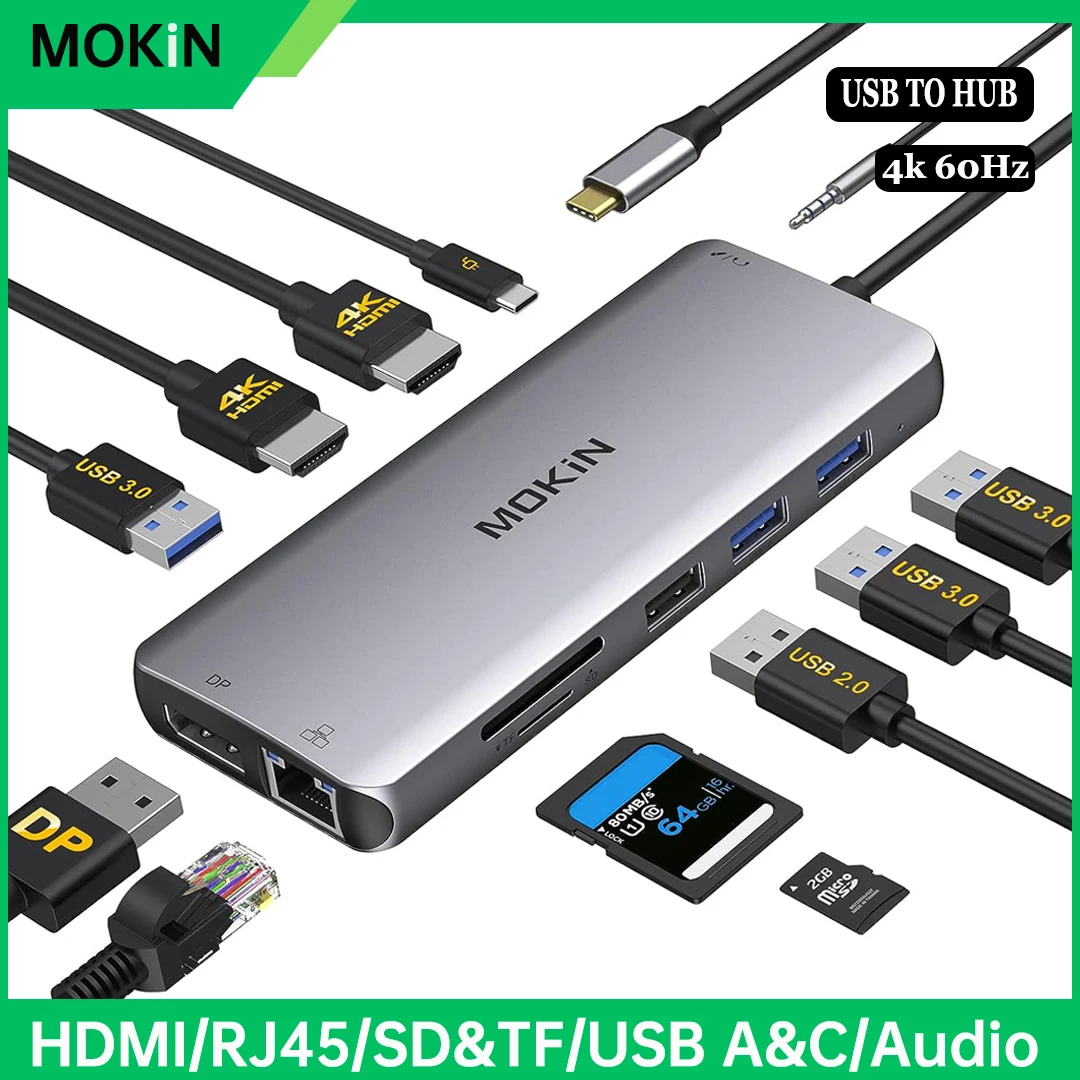 MOKiN-estación de acoplamiento de Monitor Dual USB C A Adaptador HDMI Dual con 4K @ 60hz,SD/TF,RJ45,VGA,USB,Audio,100W PD Dock para MacBook Pro