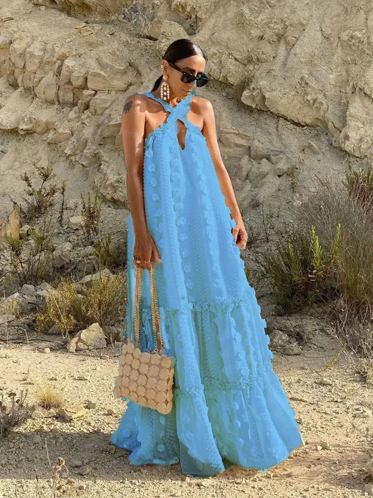 Three-Dimensional Flower White Maxi Woman Crochet Dress for Summer 2024 Tunic Beach Dresses  Cover Ups for Swimwear Women