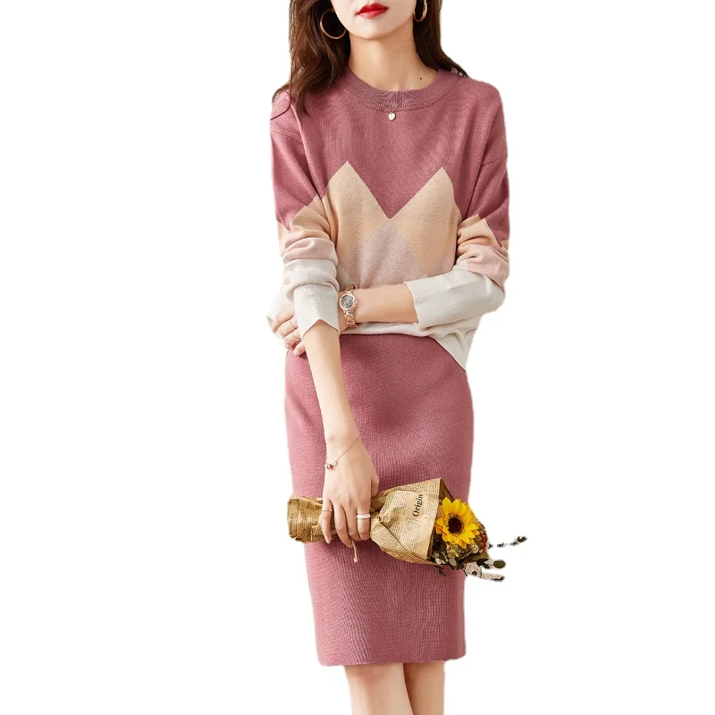 

Женский трикотажный комплект из двух предметов, свитер с длинным рукавом и Облегающая Юбка До Колена с высокой талией, комплект из двух предметов для офиса, Осень-зима