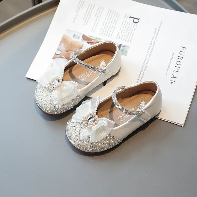 Kids Leather Shoe Spring Autumn Versatile Girl Princess Shoes Fashion Sweet Bowtie Children Causal Rhinestone Dance Flat Shoes