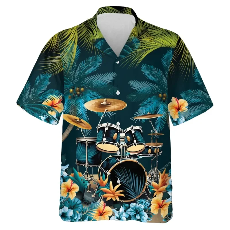 Hawaiian Shirts For Men Drum Graphic Summer Casual Short Sleeve Y2k Tops Oversized Streetwear Vintage Beach Blouse Clothing Male