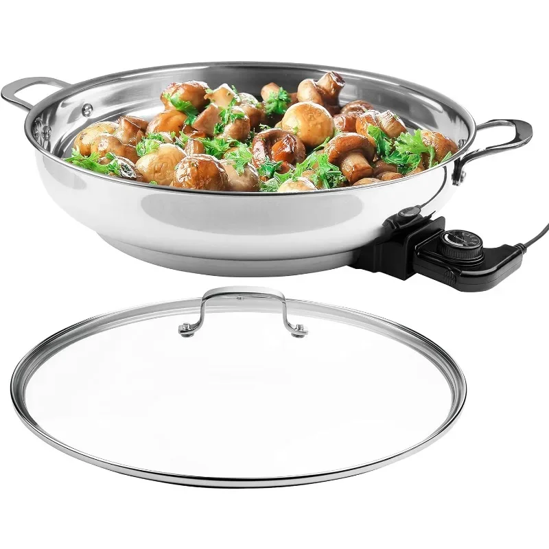 Electric Skillet By Cucina Pro - 18/10 Stainless Steel Frying Pan with Tempered Glass Lid,Handle,16" Round,Includes Recipe Guide 3