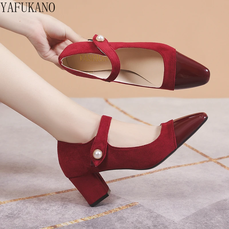 

Fashion Splicing Shallow Mouth Women High Heels Buckle Strap Casual Ladies Pumps Retro Square Toe Chunky Heel Mary Jane Shoes