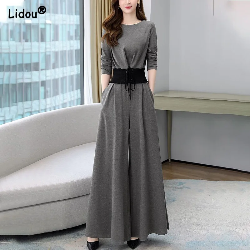 Lady Solid Color O-neck Long Sleeve Elegant Fashion Elastic Waist Flat Loose Pant Sets Spring Autumn New Women's Clothing весенняя и осенняя мода совет заостренная обувь shallow flat pure color обувь