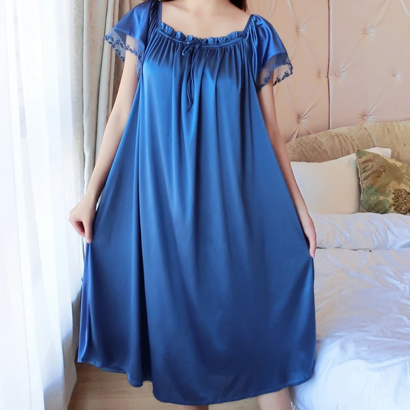 Women Night Gowns Sleepwear Lace Patchwork Nightwear Long Sleeping Dress Casual Ladies Home Dressing