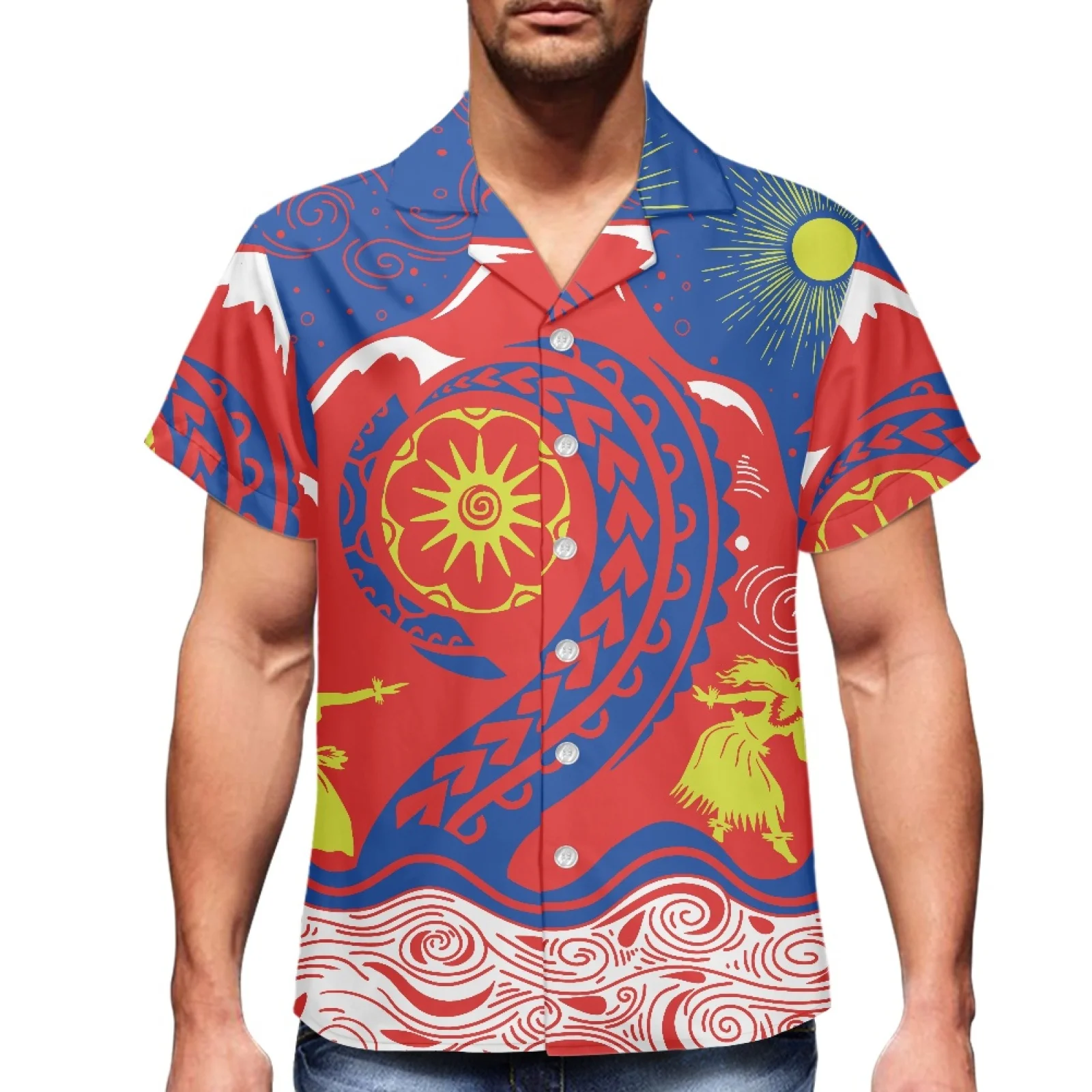 

Volcanic Polynesian Tribe Traditional Print 2023 Summer Fake Luxury Men's Shirt V-Neck Men's Short Sleeve Hawaiian Sport Shirt