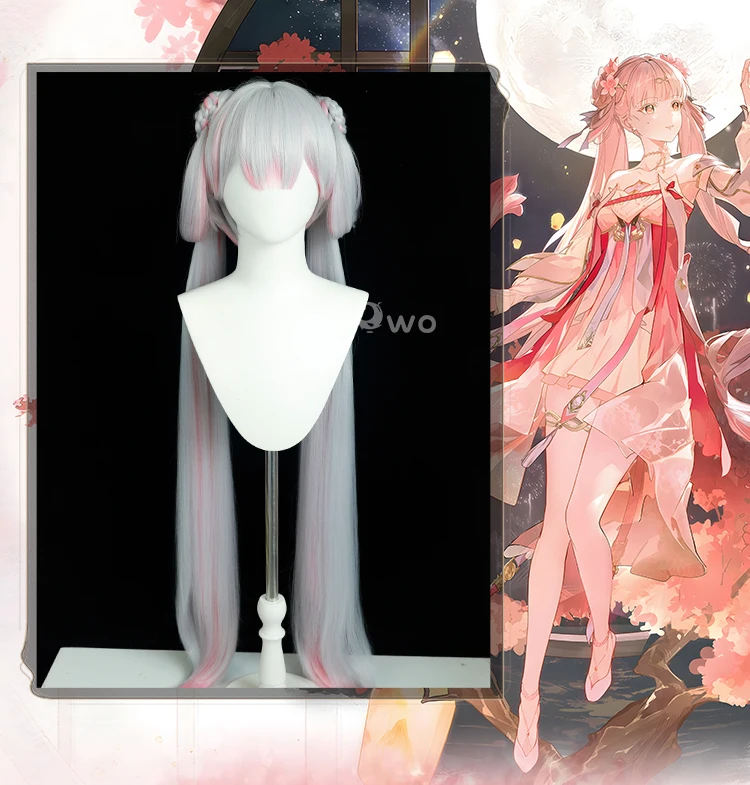 Jinhsi Perücken Wuthering Waves Pfirsichblüte Cosplay Perücke mit Zopf Langhaar Grau und Pink 1