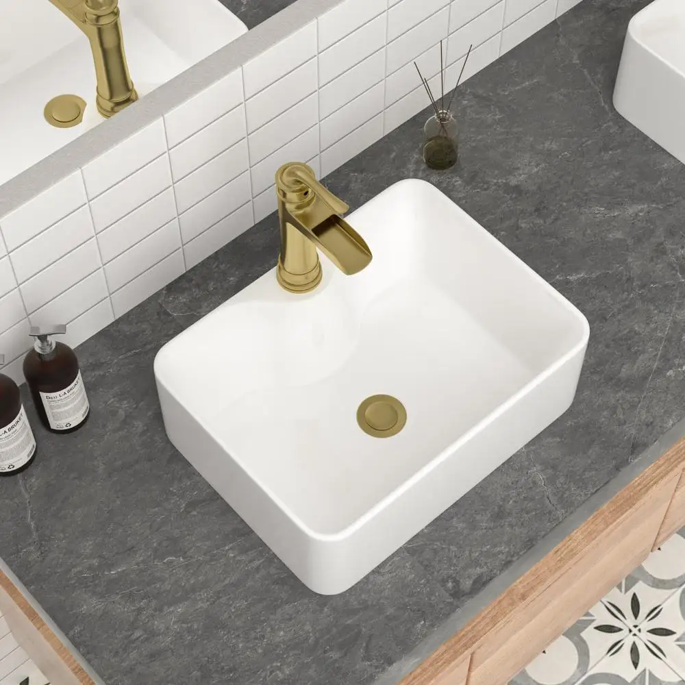 16" Rectangular Ceramic Vessel Bathroom Sink White Countertop Basin Above Counter Easy-to-Clean Durable Modern Style Ideal Small 2