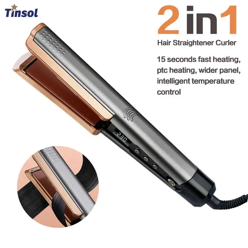 2 in 1 Hair Straightener Curling Ionizer LCD Wide Panel Professional Ceramic Adjustable Temperature Hair Straightener Hair Styler Curling Iron