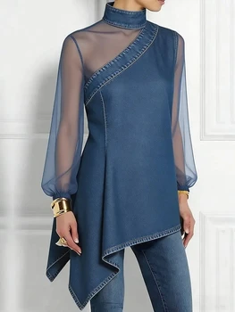Women's Asymmetric Denim Shirt Vacation High Neck Irregular Hem Sheer Mesh Loose Fit Fashion Party Top Spring/Fall Women's Tops 1