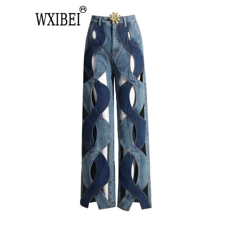 

WXIBEI Spring Hollow Out Jeans For Women High Waist Patchwork Zipper Casual Wide Leg Pants Female Fashion Clothing New FC940