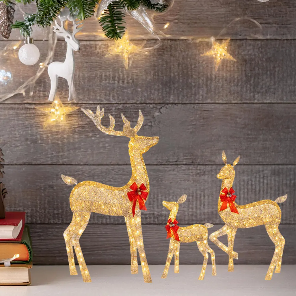 3 Pcs Christmas Deer Family Decor with Light Lighted Reindeer Xmas Decoration  Cute Xmas Deer Decoration for Holiday