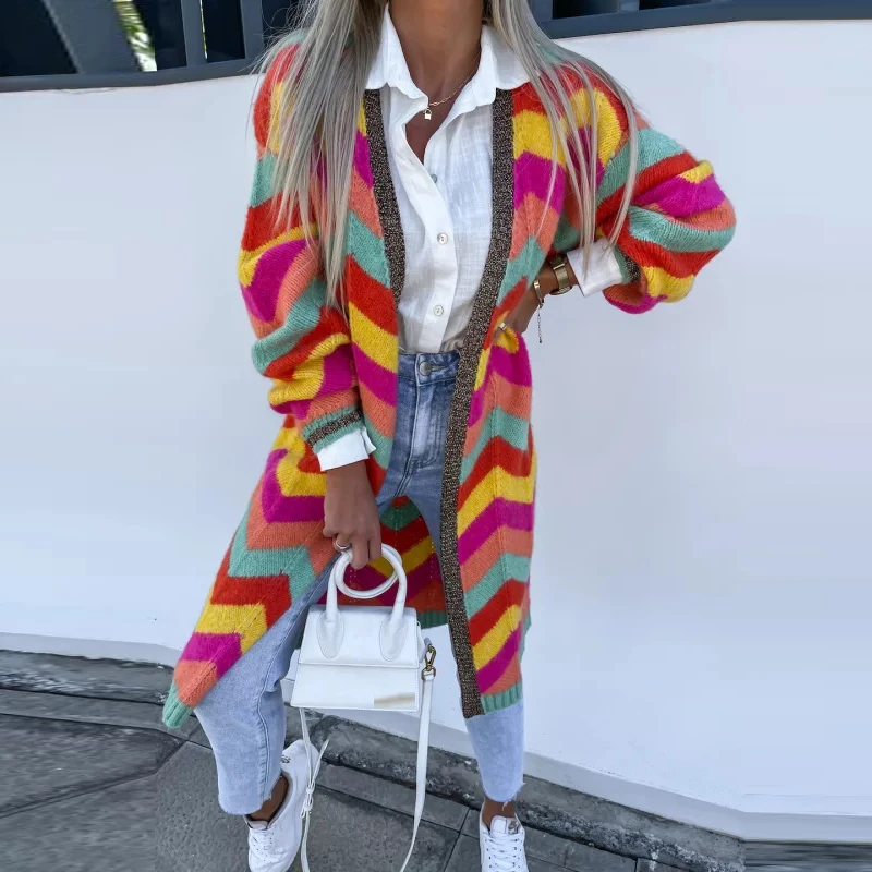 

New Autumn Elegant V-Neck Patchwork Long Sleeve Knitted Coat Casual Midi Outwear Fashion Colorful Stripe Contrast Women Cardigan