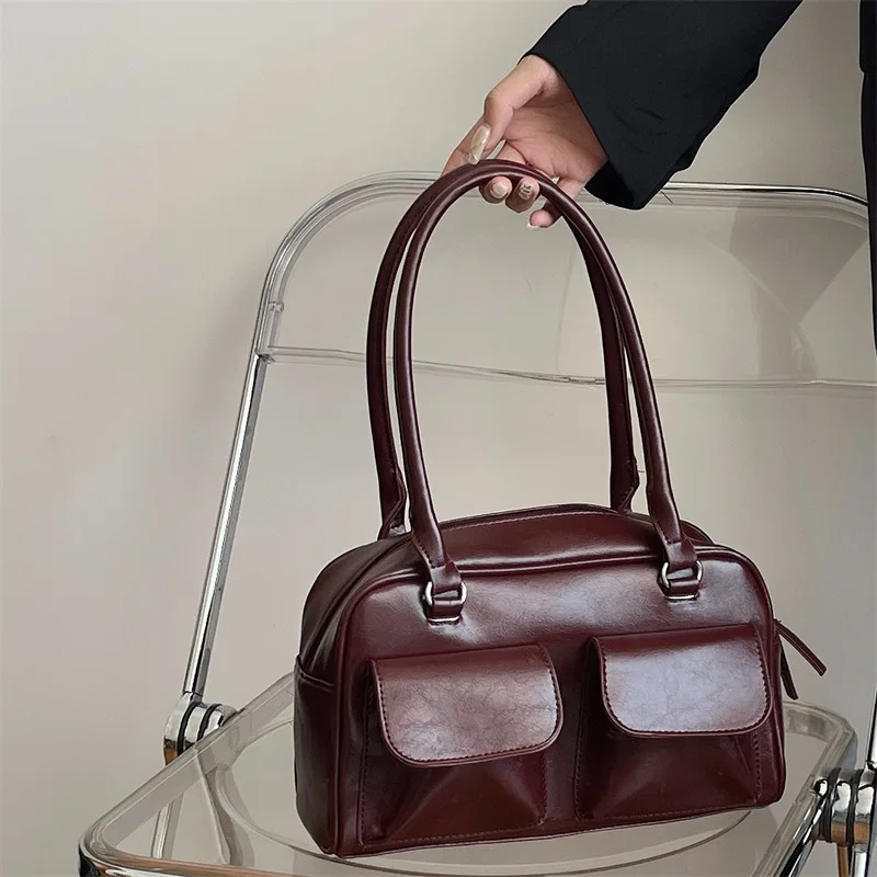 Vintage Women Business Shoulder Bags Simple Ladies Commute Tote Bag Pu Leather Female Underarm Bag Burgundy Large Handbags Purse shoulder bag ladies handbag underarm bag