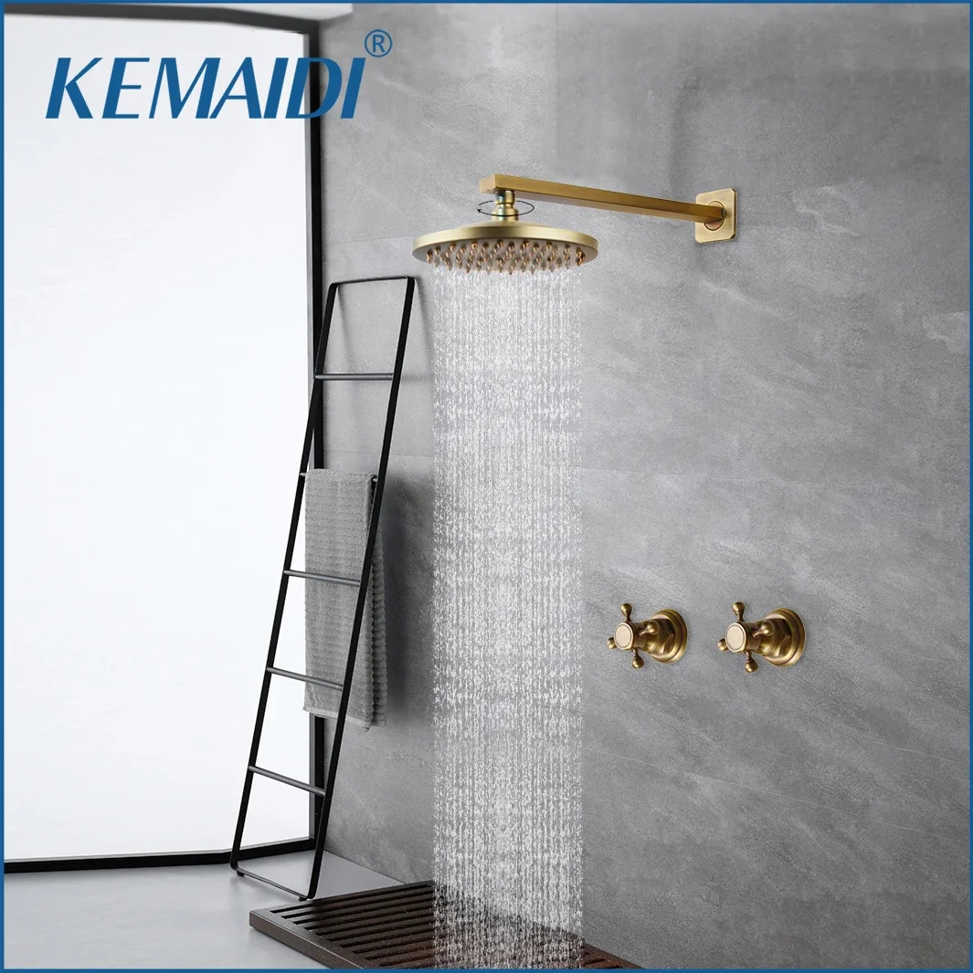 

KEMAIDI Shower Faucet Sets 8 inch Antique Brass Round Rainfall Shower Head Wall Mounted Bathroom 2 Handles Shower Systerm