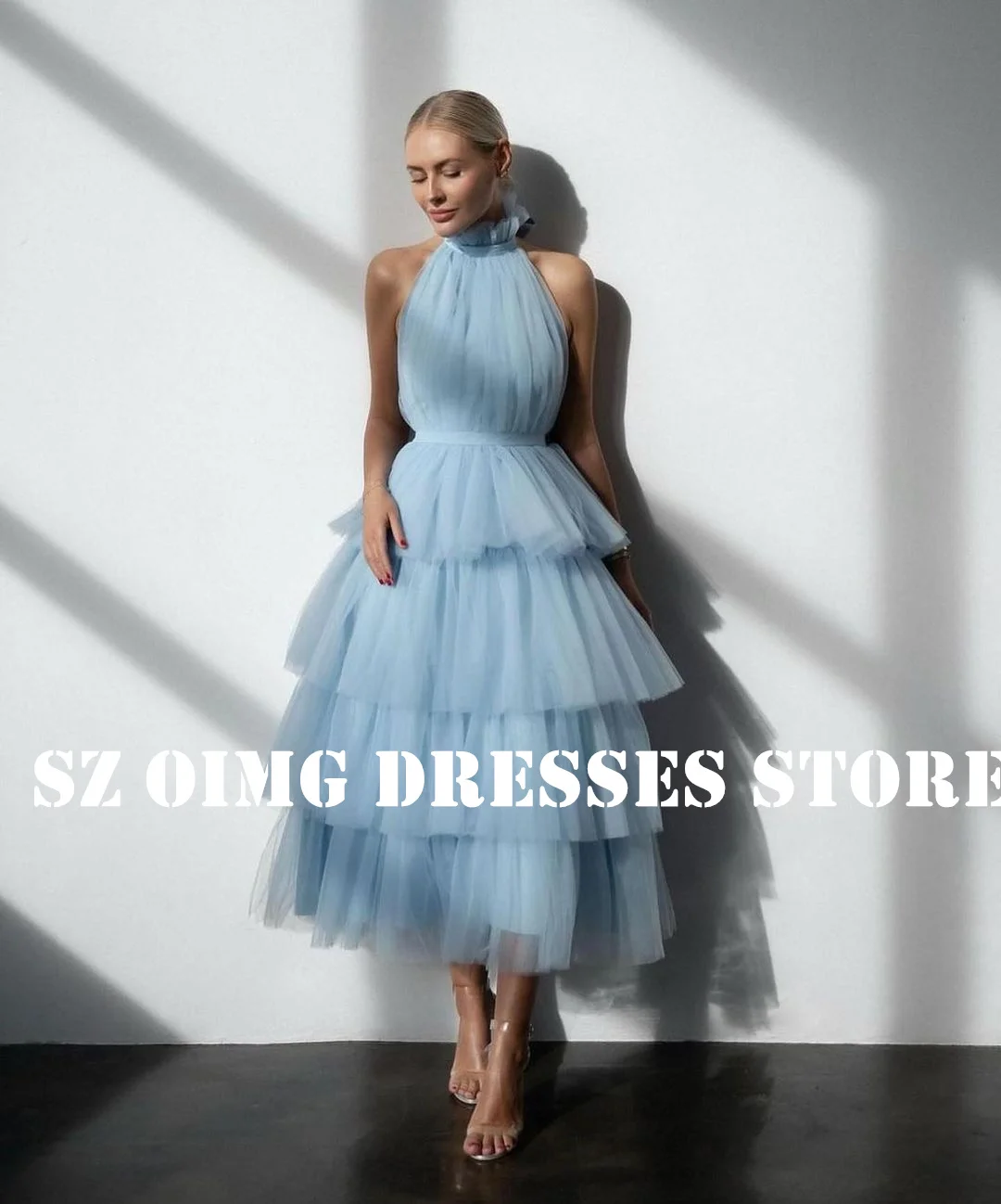 

OIMG New Design High Neck Tulle Prom Dresses Arabic Women Ruched Sleeveless Tiered Sky Blue Evening Gowns Formal Party Dress