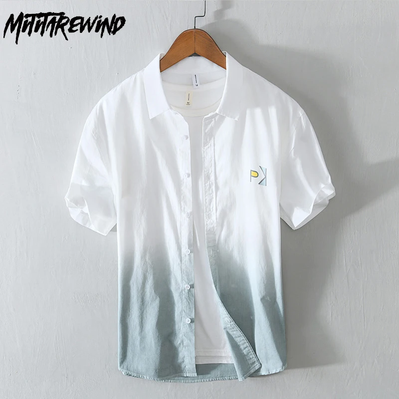 

New Gradient Shirts for Men Summer Pure Cotton Color Matching Short Sleeves Designer Shirt Male Personality Trendy Tops Youth