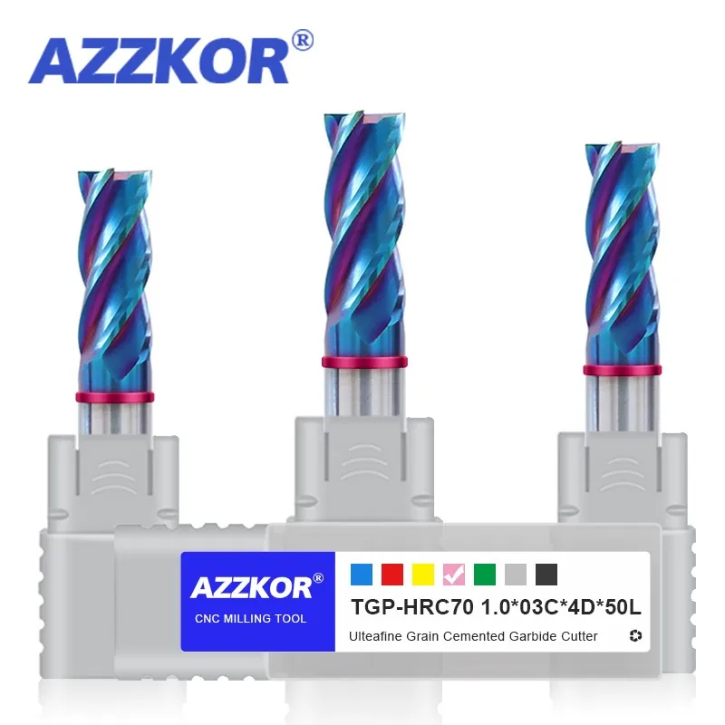 

AZZKOR 4F Endmills Color-Ring Blue Nano Coating Tungsten Steel Carbide Flat bottom Milling Cutter For CNC Mechanical TGP-HRC70
