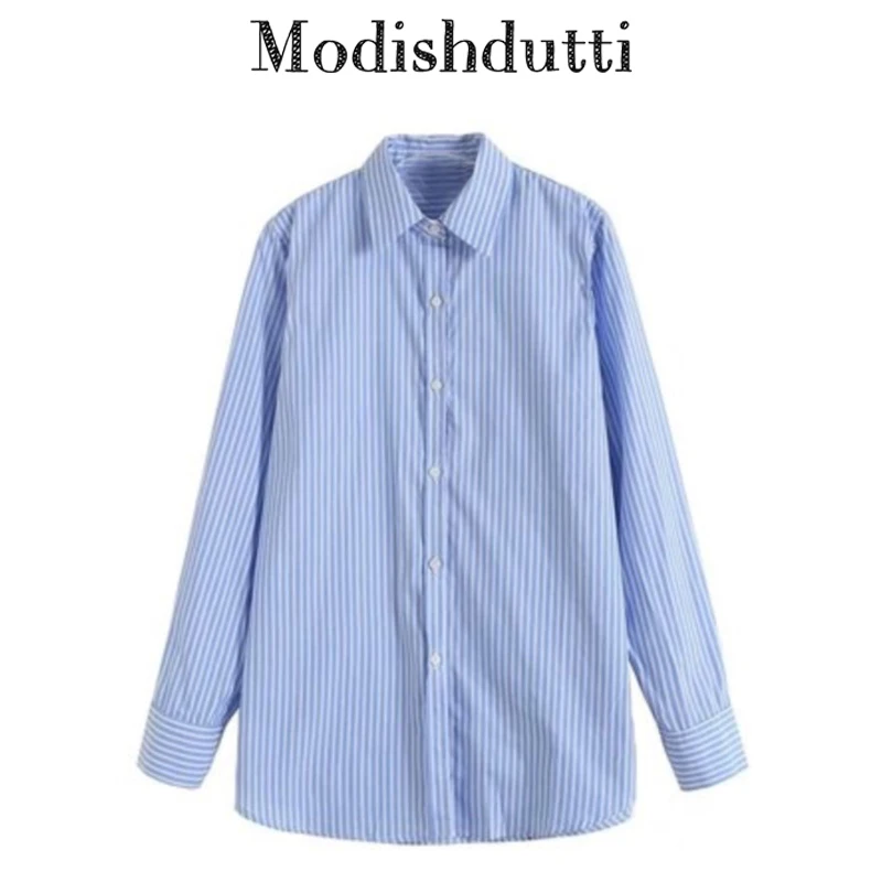 

Modishdutti 2024 Spring Autumn Women Fashion Long Sleeve Stripe Poplin Blouse Female Simple Casual Lapel Loose Shirt Tops