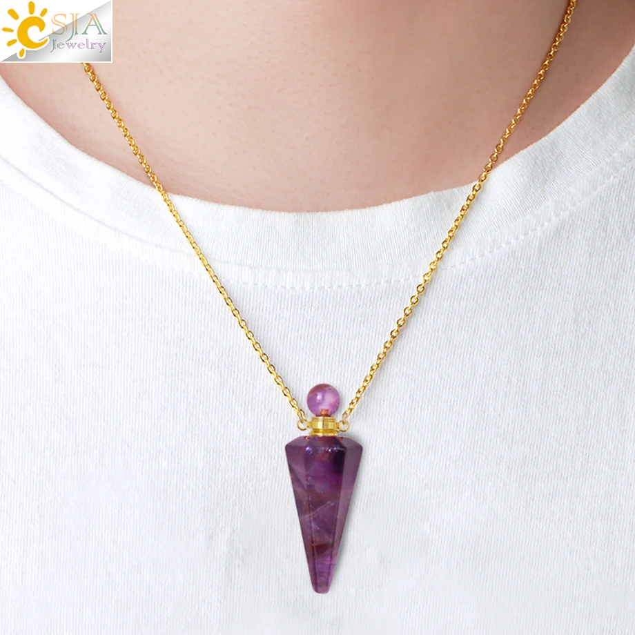 Natural Stone Cone Perfume Bottle Necklace with Healing Clear Quartz Crystal Pendant and Essential Oil Diffuser