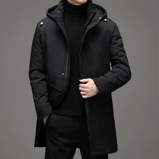  Parka de invierno para hombre, abrigo largo y grueso, de color  sólido, resistente al viento, con capucha, parka para otoño, Negro - :  Ropa, Zapatos y Joyería